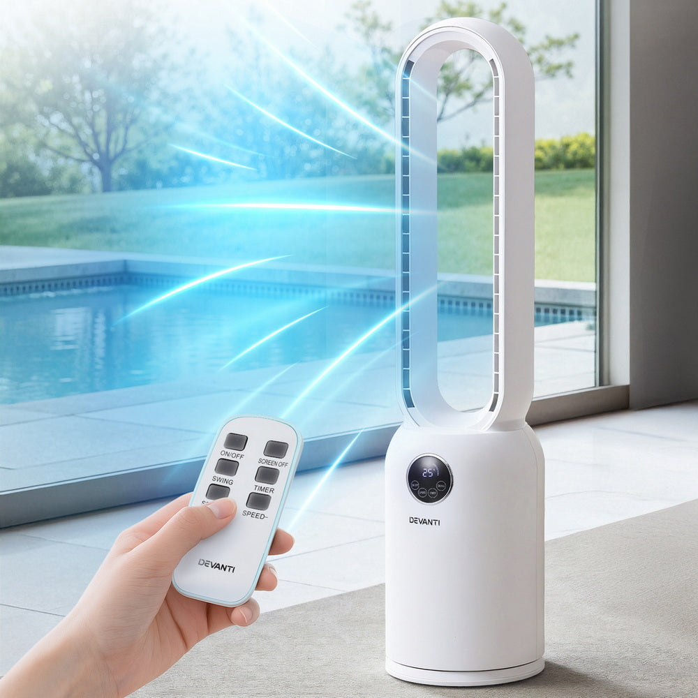 Devanti 2-in-1 Bladeless Tower Fan with Air Purification & Remote – 88cm (White)