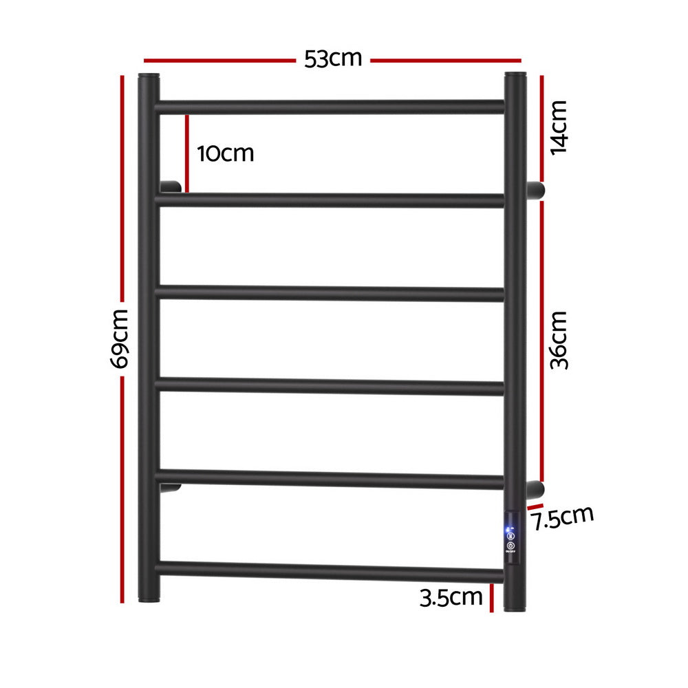 Devanti 6-Bar Heated Towel Rail with Timer – Wall-Mounted Electric Warmer Rack (Black)