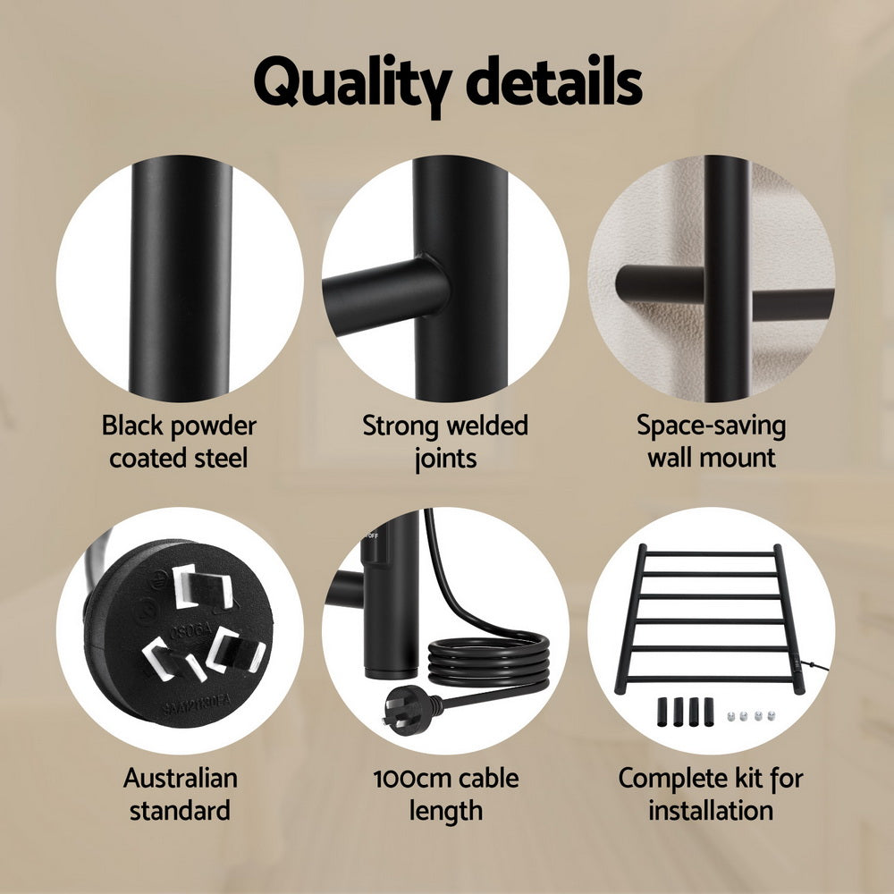 Devanti 6-Bar Heated Towel Rail with Timer – Wall-Mounted Electric Warmer Rack (Black)