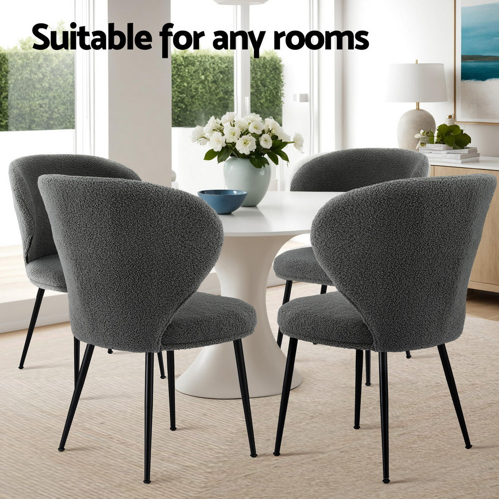 Artiss Set of 4 Dining Chairs – Sherpa Boucle Upholstery with Wing Back Design (Grey)