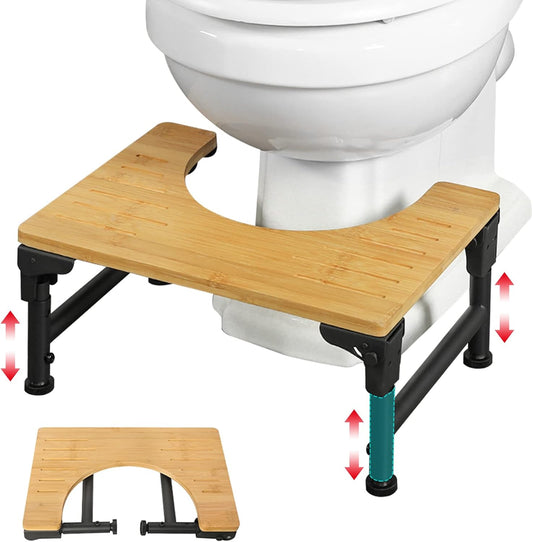 Foldable Bamboo Toilet Stool – Adjustable Height Bathroom Squat Stool with Non-Slip Design