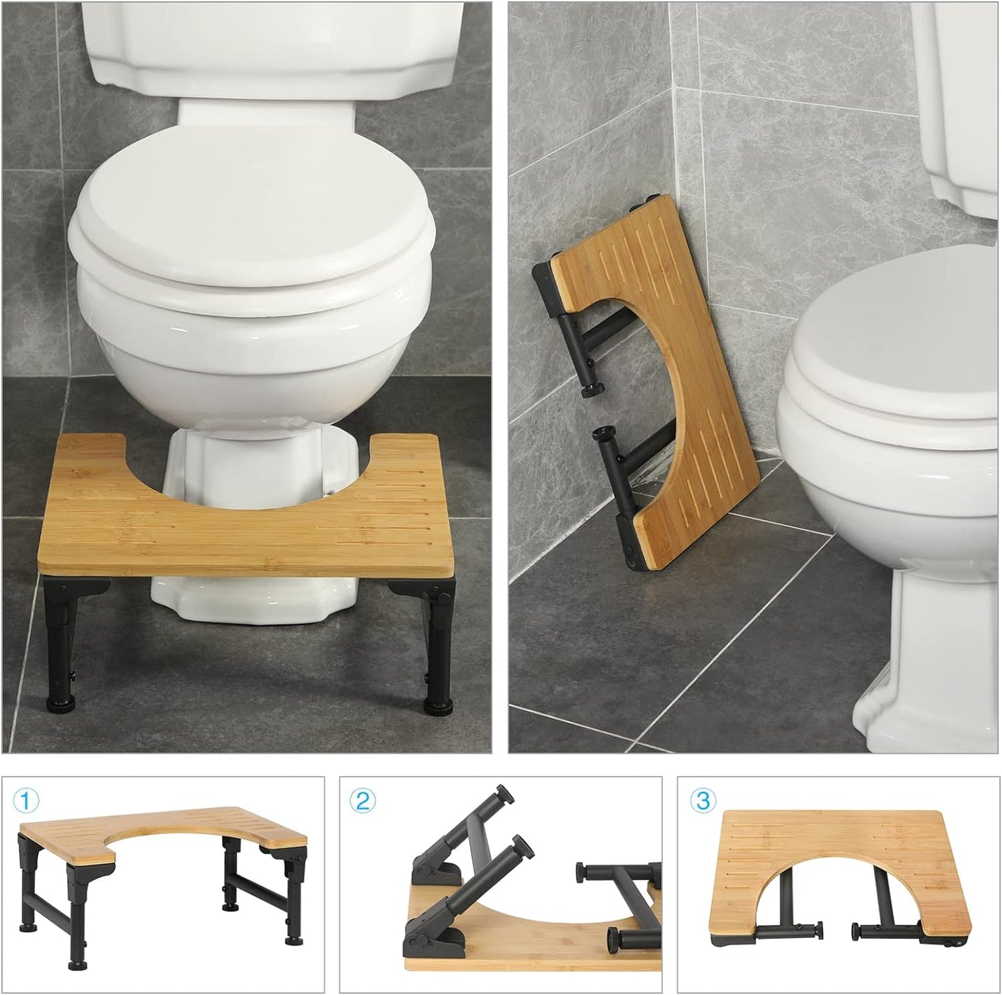 Foldable Bamboo Toilet Stool – Adjustable Height Bathroom Squat Stool with Non-Slip Design