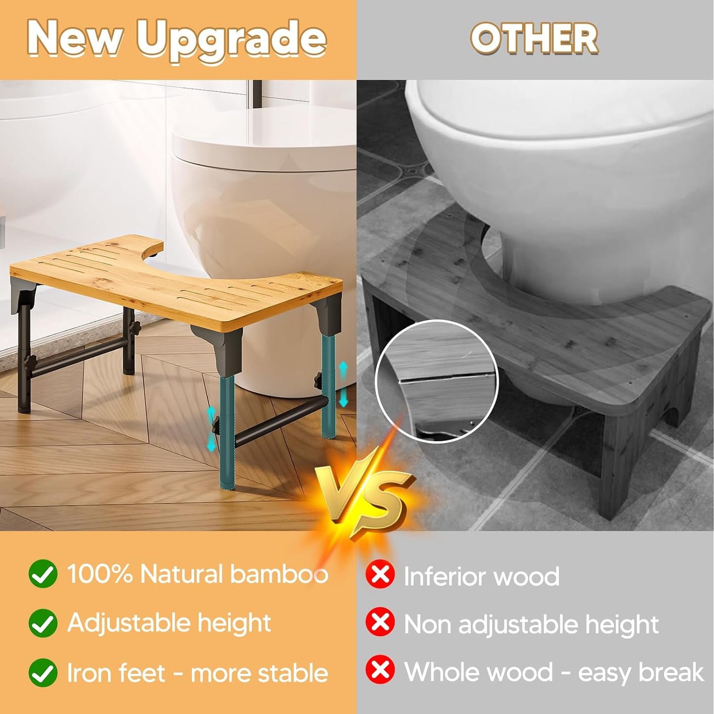 Foldable Bamboo Toilet Stool – Adjustable Height Bathroom Squat Stool with Non-Slip Design