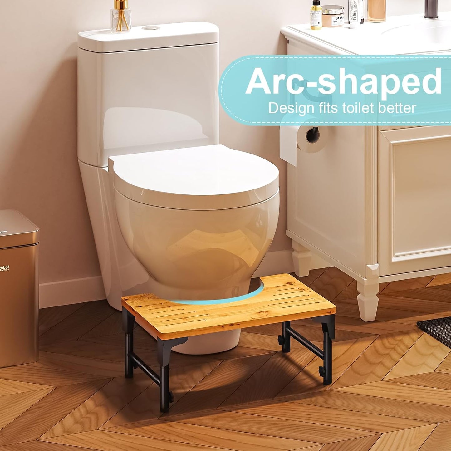 Foldable Bamboo Toilet Stool – Adjustable Height Bathroom Squat Stool with Non-Slip Design