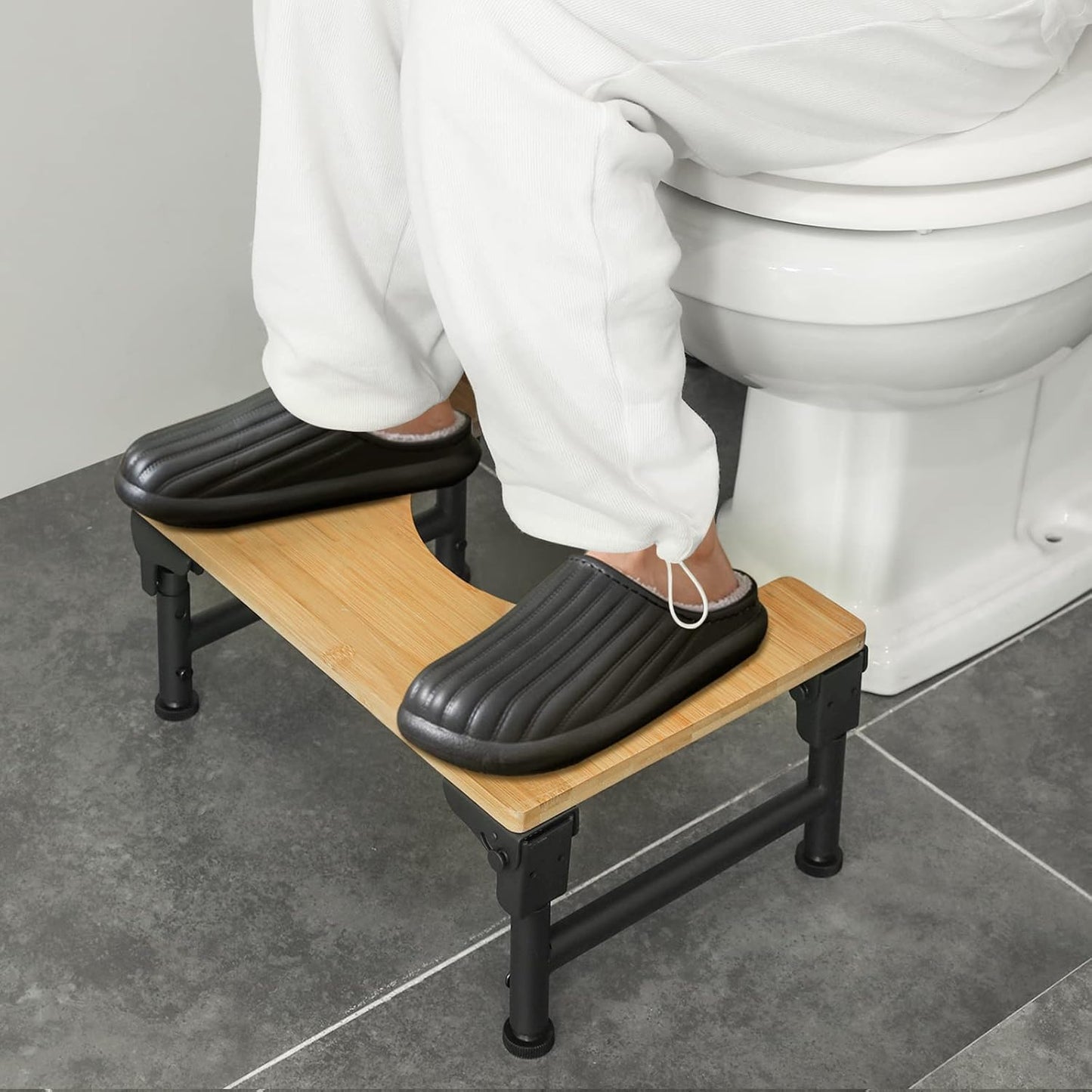 Foldable Bamboo Toilet Stool – Adjustable Height Bathroom Squat Stool with Non-Slip Design
