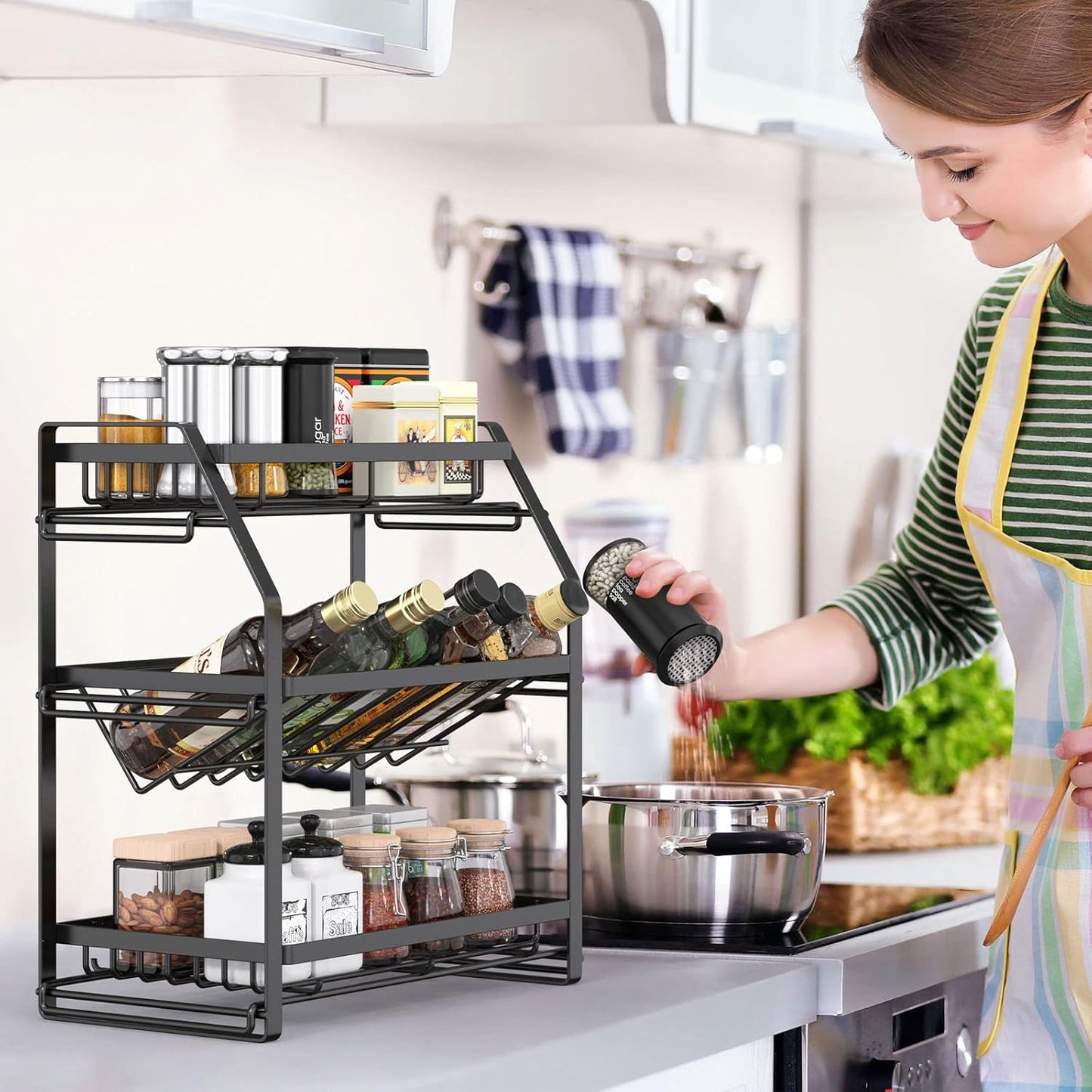3-Tier Adjustable Spice Rack Organizer – Detachable Shelf for Kitchen Countertop & Pantry Storage