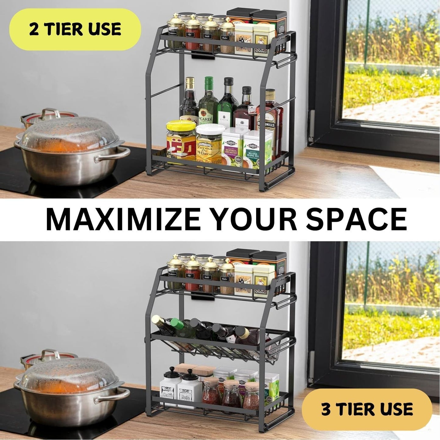 3-Tier Adjustable Spice Rack Organizer – Detachable Shelf for Kitchen Countertop & Pantry Storage