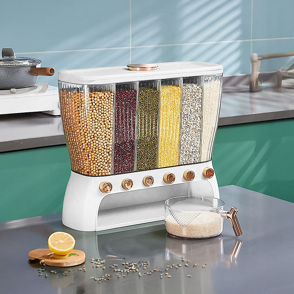 6-Grid Dry Food Dispenser Container – 26L Airtight Storage for Rice, Cereal, Grains & Beans