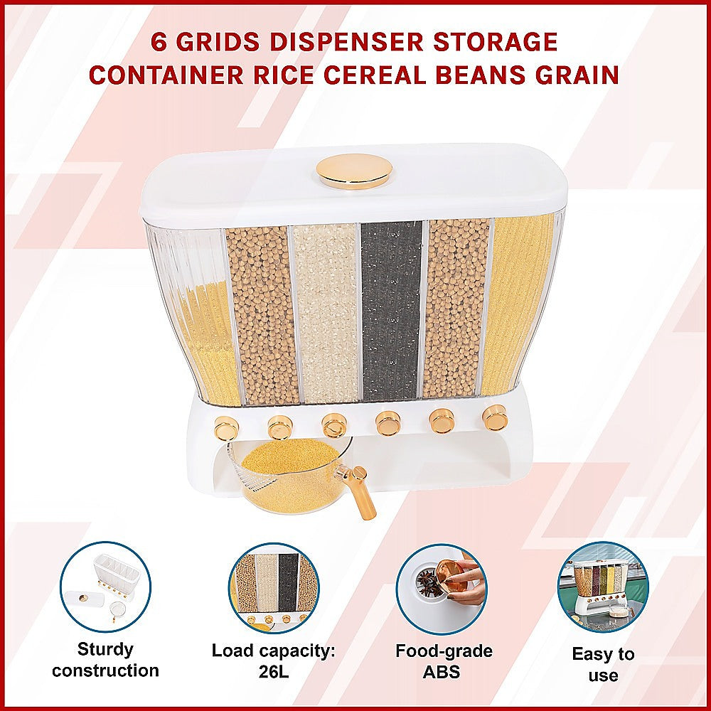 6-Grid Dry Food Dispenser Container – 26L Airtight Storage for Rice, Cereal, Grains & Beans