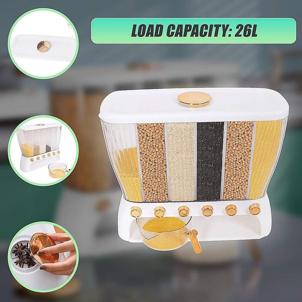 6-Grid Dry Food Dispenser Container – 26L Airtight Storage for Rice, Cereal, Grains & Beans