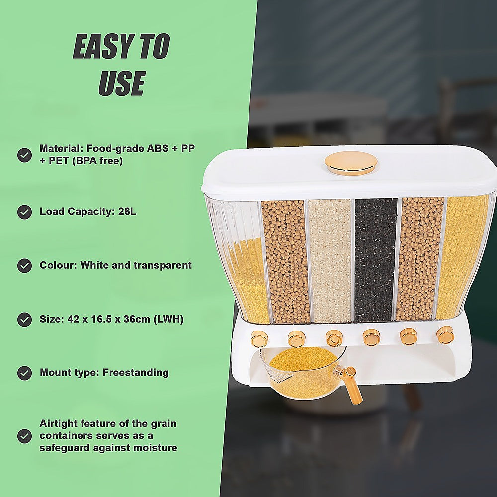 6-Grid Dry Food Dispenser Container – 26L Airtight Storage for Rice, Cereal, Grains & Beans