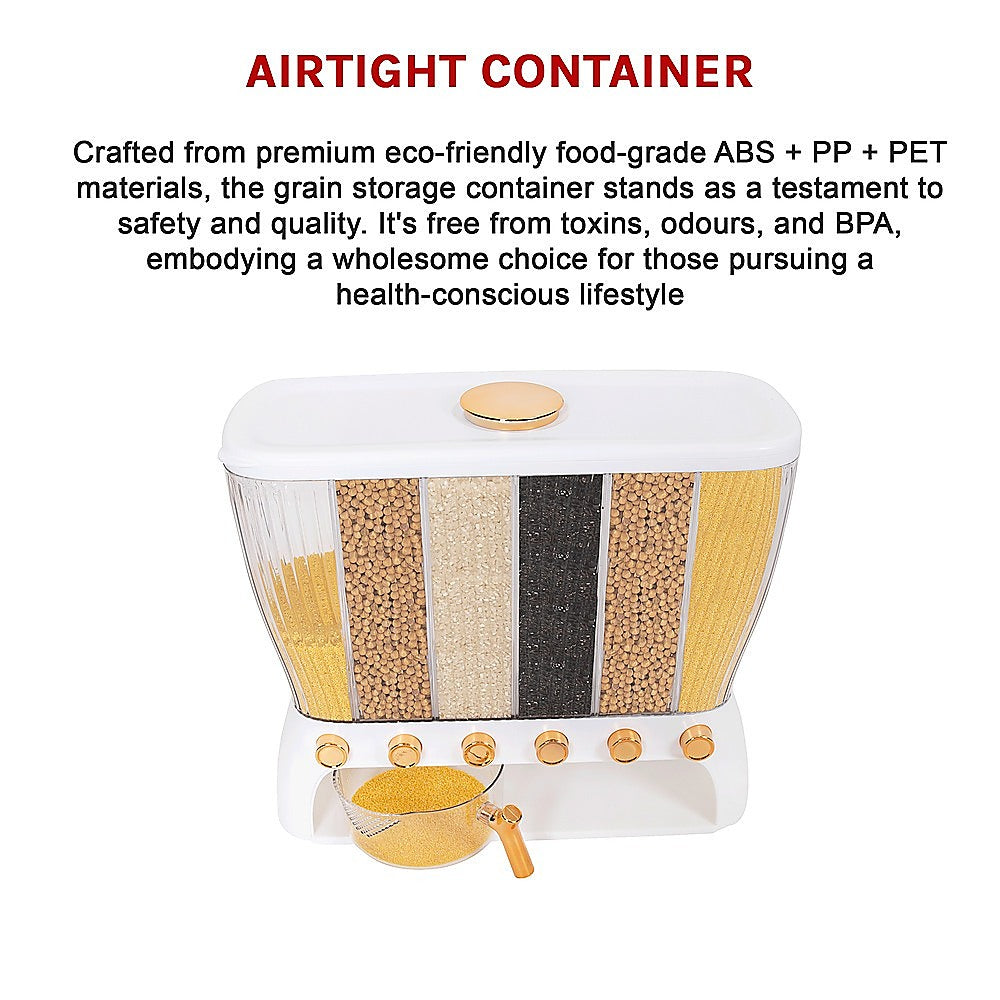 6-Grid Dry Food Dispenser Container – 26L Airtight Storage for Rice, Cereal, Grains & Beans