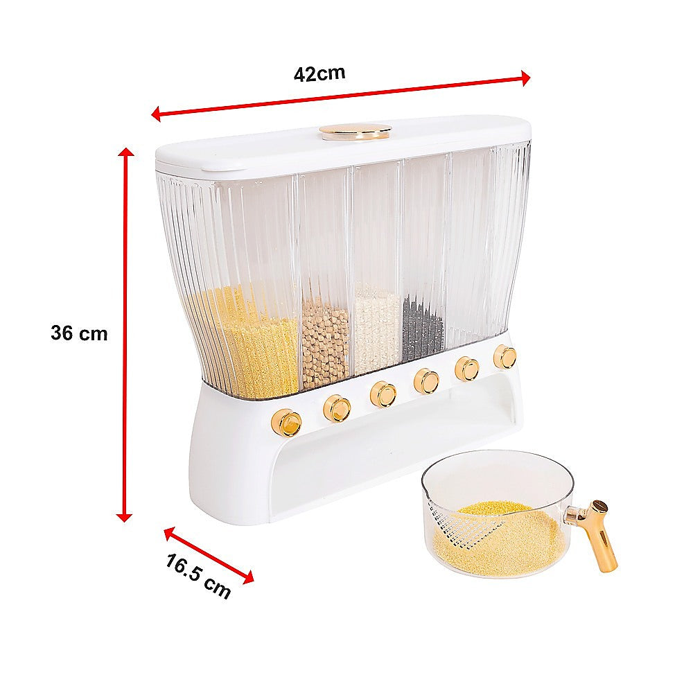 6-Grid Dry Food Dispenser Container – 26L Airtight Storage for Rice, Cereal, Grains & Beans