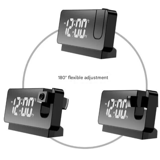 LED Digital Projection Alarm Clock with Temperature, Date, Snooze & 180° Adjustable Projector – Black with White Light