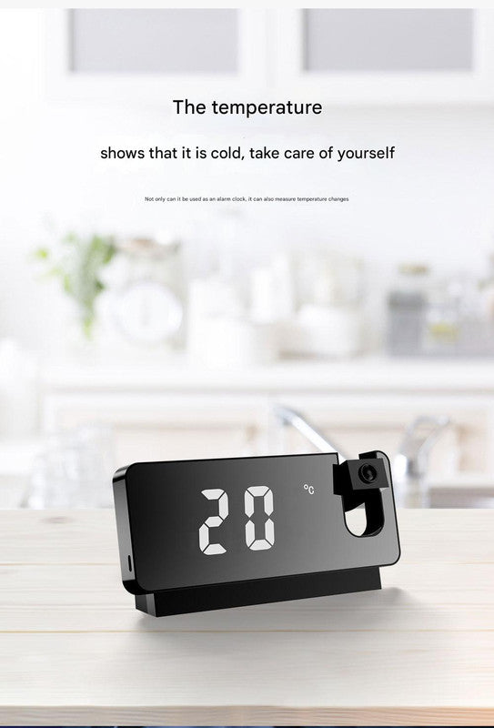 LED Digital Projection Alarm Clock with Temperature, Date, Snooze & 180° Adjustable Projector – Black with White Light