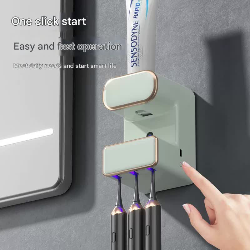 Automatic Toothpaste Dispenser with UVC Toothbrush Sterilizer & Holder – Wall Mounted, Rechargeable (Grey)