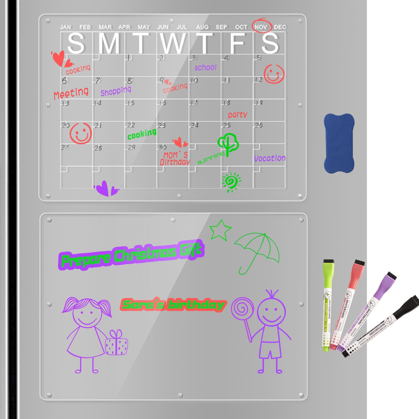 Magnetic Acrylic Magnetic Acrylic Fridge Calendar & Memo Board Set – Dry Erase Planner with Markers & Eraser (43x30cm)