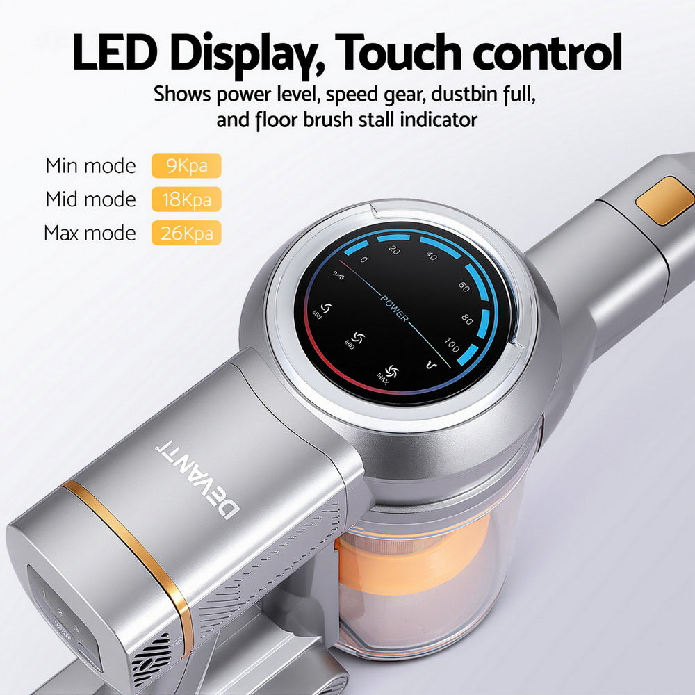 Devanti 300W Cordless Stick Vacuum Cleaner – Self-Standing, Brushless Motor, Golden