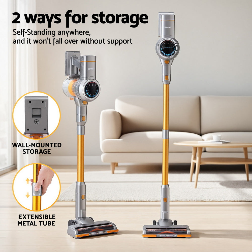 Devanti 300W Cordless Stick Vacuum Cleaner – Self-Standing, Brushless Motor, Golden